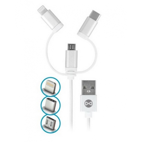 CABLE USB FOREVER 3 EN 1 MICRO USB LIGHTNING USB C BLANC