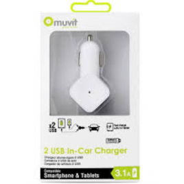 CHARGEUR ALLUME CIGARE AVEC CABLE MICRO USB MUVIT 1A 1,2 M BLANC