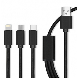 CABLE USB 3 en 1 MAXLIFE MICRO USB + TYPE C + LIGHTNING 2A 1 M NOIR