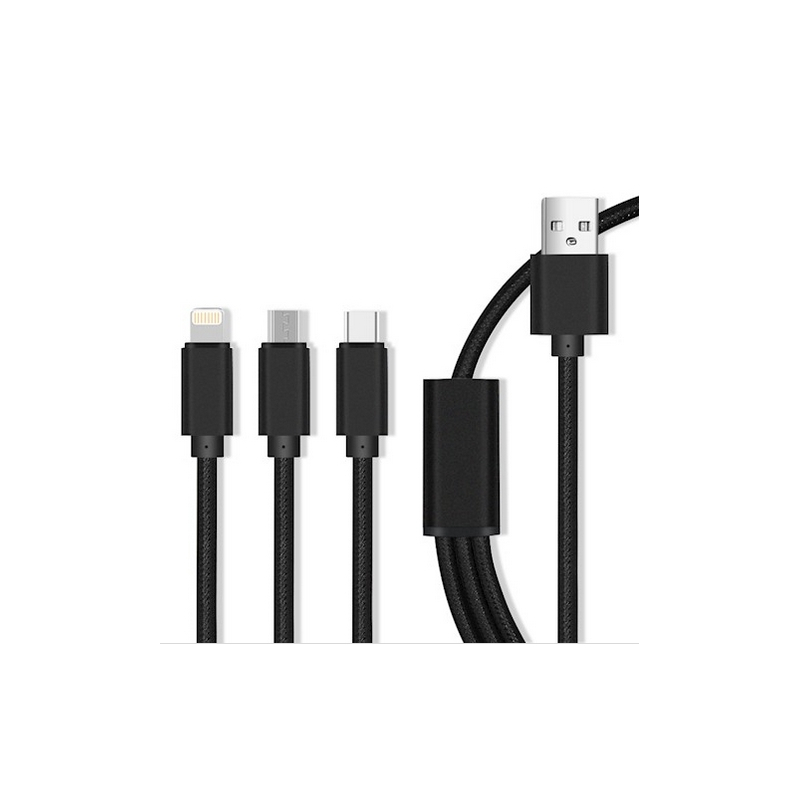 CABLE USB 3 en 1 MAXLIFE MICRO USB + TYPE C + LIGHTNING 2A 1 M NOIR - Jaclem