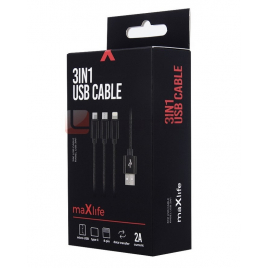 CABLE USB 3 en 1 MAXLIFE MICRO USB + TYPE C + LIGHTNING 2A 1 M NOIR