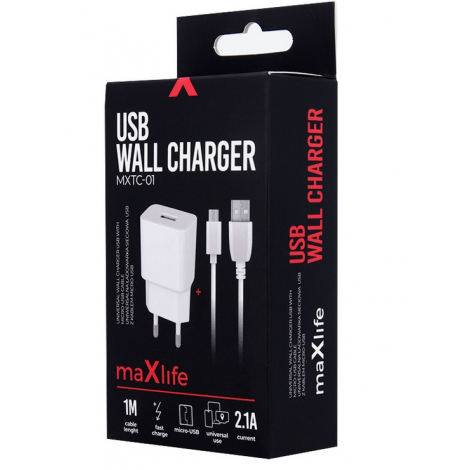 MAXLIFE CHARGEUR SECTEUR  MICRO USB BLANC 2.1A