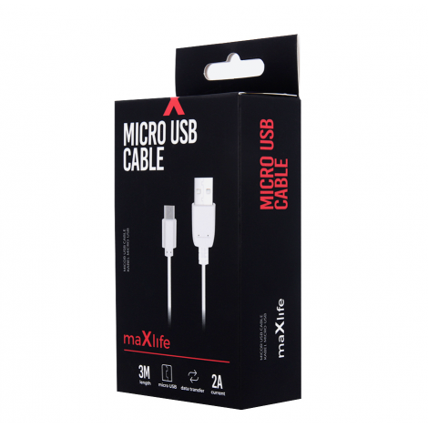 DATA CABLE MICRO USB 3 METRES MAXLIFE 2A