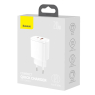 CHARGEUR FAST CHARGE TYPE C + USB 20W BLANC BASEUS