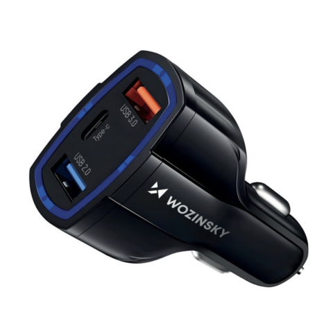 Chargeur voiture Wozinsky USB x2 et USB C noir