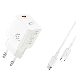 CHARGEUR SECTEUR  45W TYPE C + CABLE TYPE C / TYPE C BLANC ULTRA FAST XO