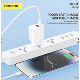 Foneng Chargeur mural EU42 GaN - USB + Type C - PD 20W 3A avec câble Type C vers Type C blanc
